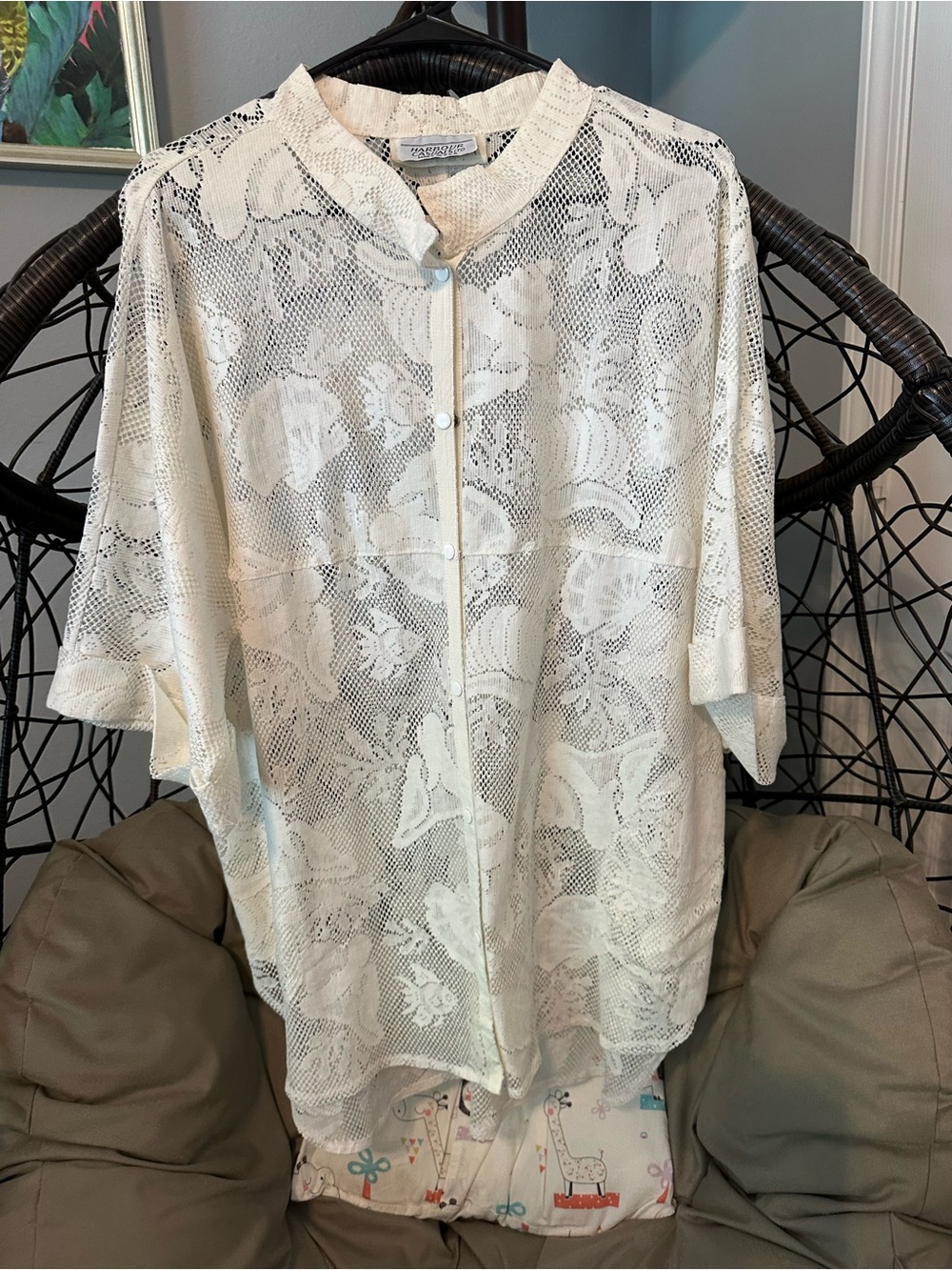 Vintage Floral Lace Button-Up swim coverup ,ivory